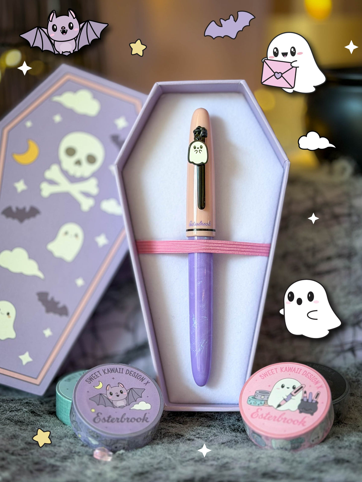 Decorative fountain pen gift set with two pens, boxes, and small themed tins