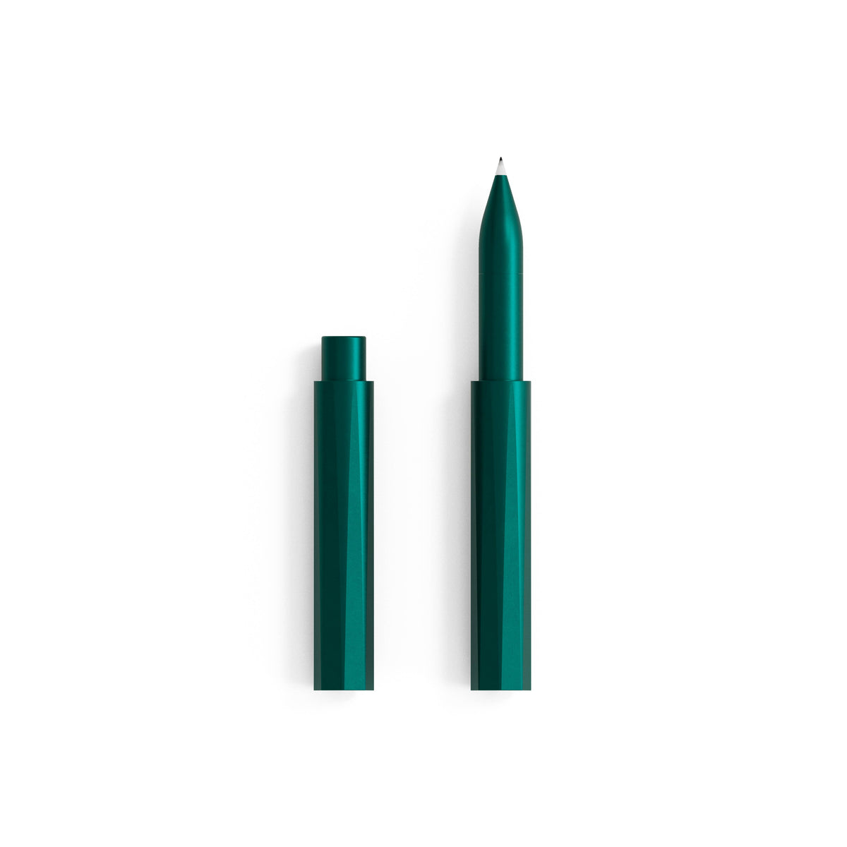 Refillable writing pen, glossy green body with cap and pointed tip