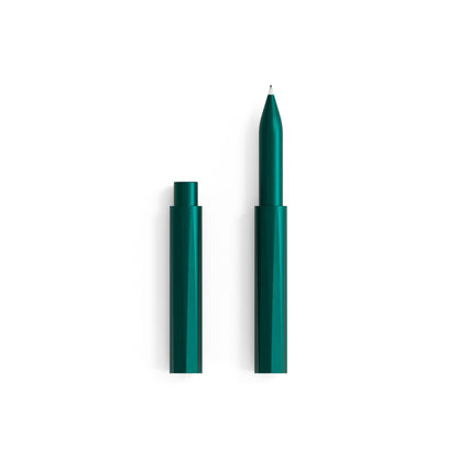 Refillable writing pen, glossy green body with cap and pointed tip
