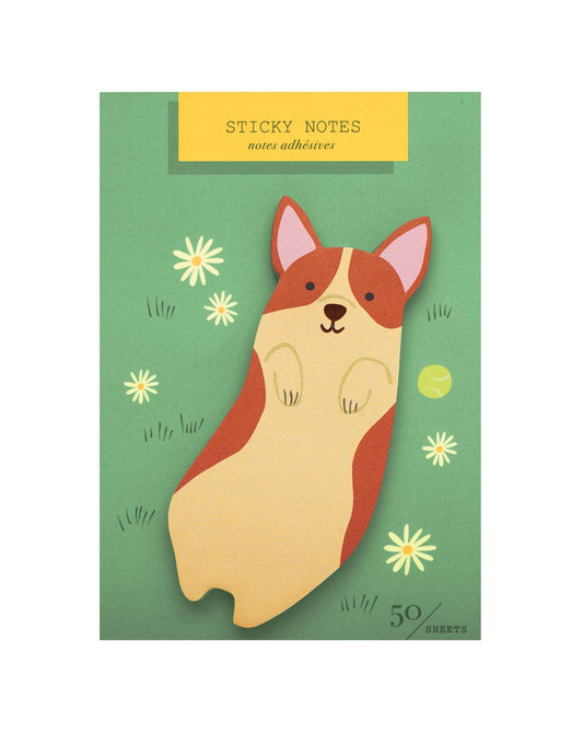 Die-cut sticky notes sheet with cartoon corgi face, yellow accents