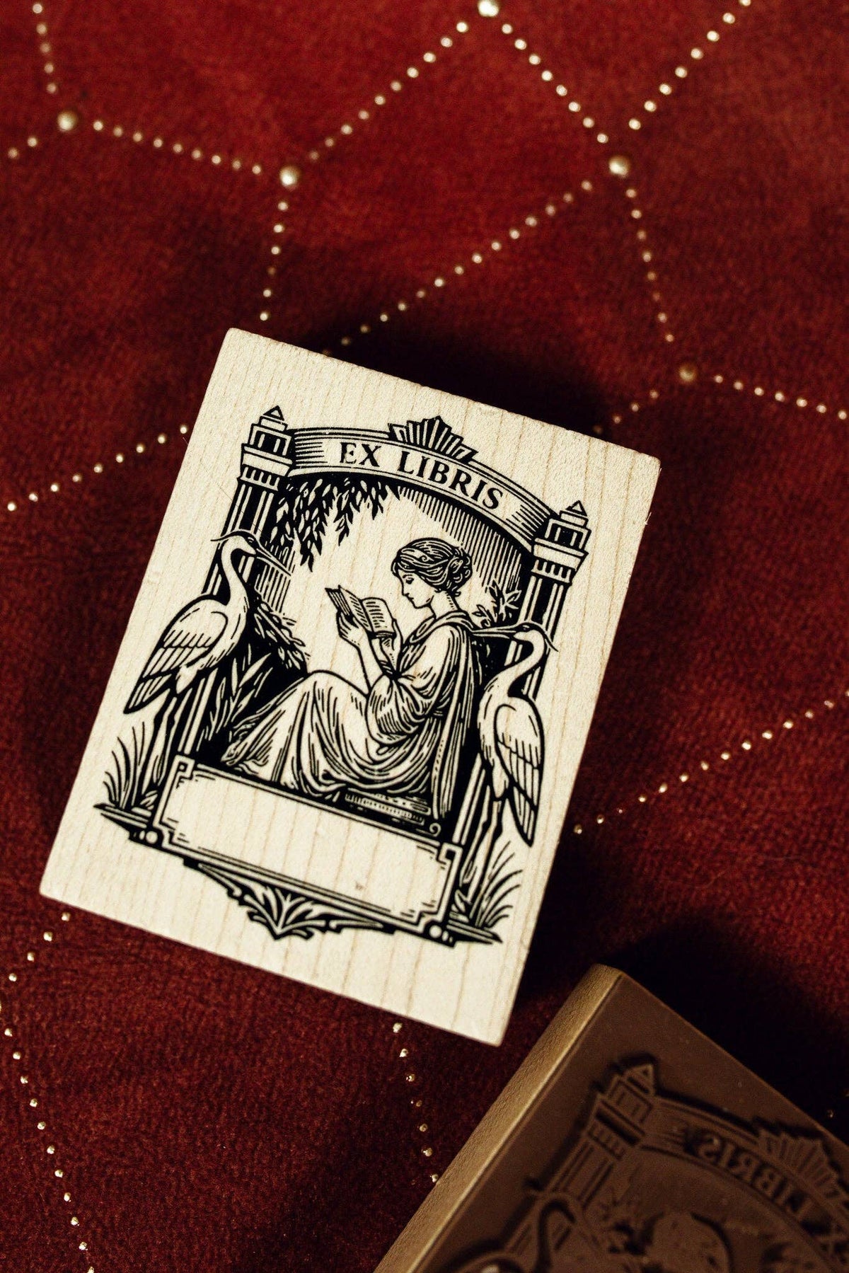 Art Deco Ex Libris wooden stamp block with central seated figure illustration