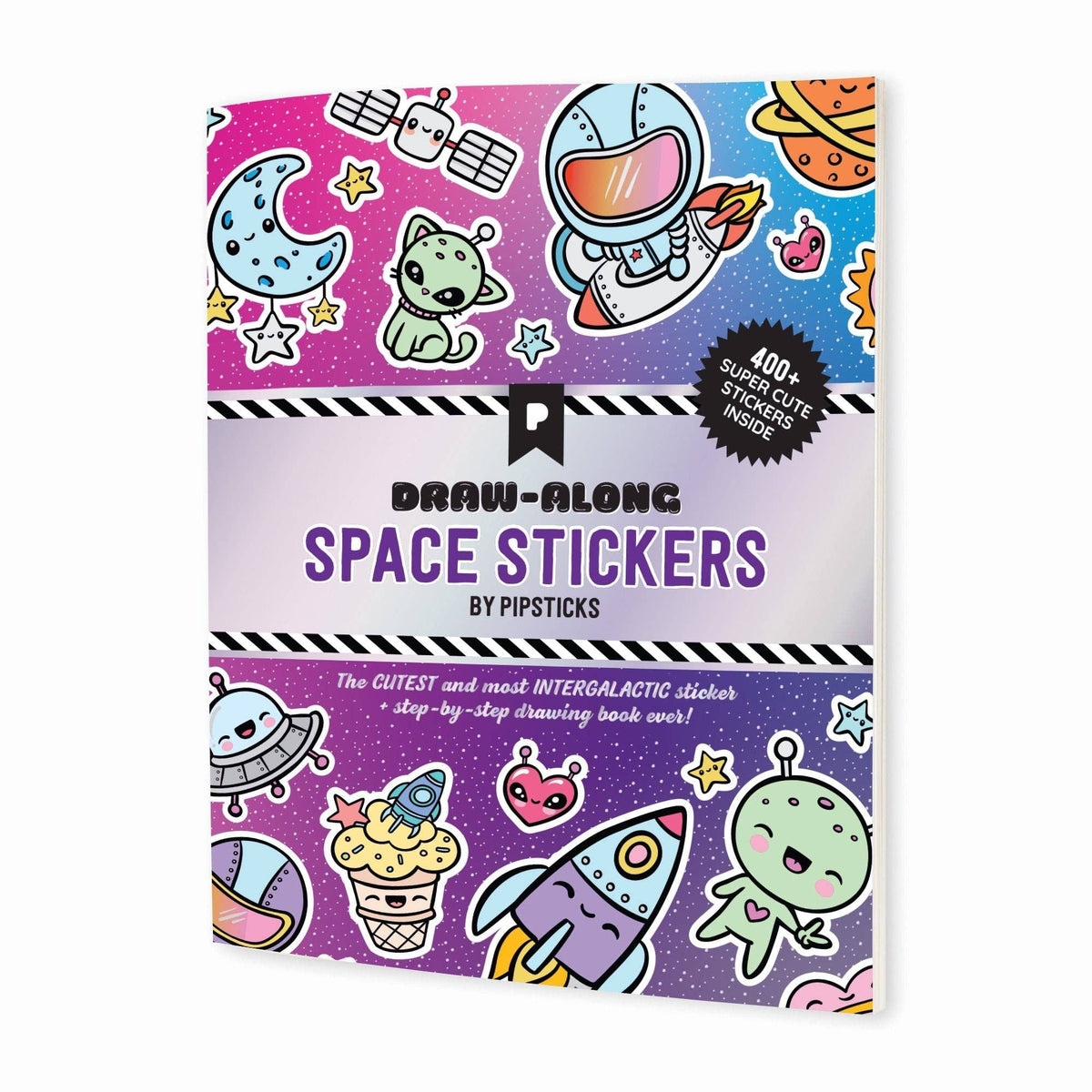 Space sticker book with purple cover featuring aliens, a rocket, and astronaut graphic