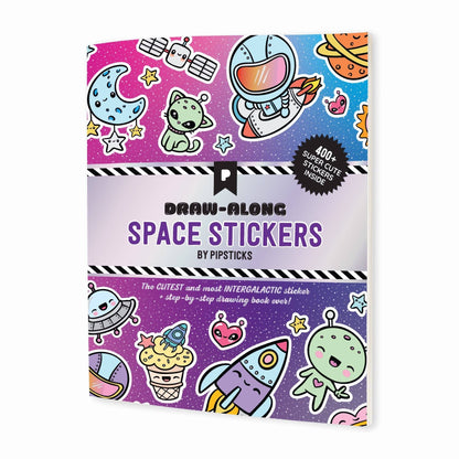 Space sticker book with purple cover featuring aliens, a rocket, and astronaut graphic