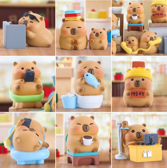 Capybara blind box figurine set with multiple poses and small accessories in pastel colors