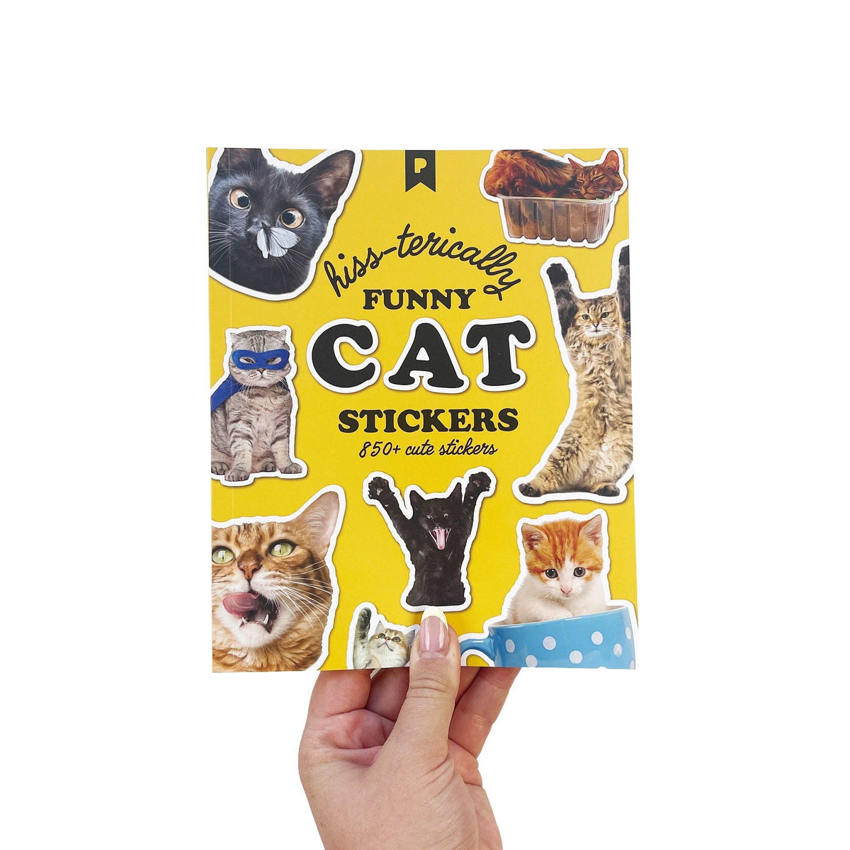 Cat sticker book cover held in hand, showing “Funny Cat Stickers” and cat sticker designs