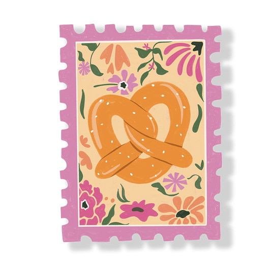 Square floral vinyl sticker with orange pretzel icon and pink patterned border