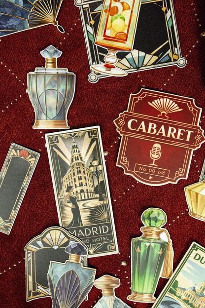 Art deco vintage stickers featuring cabaret badges, Madrid cards, and green perfume