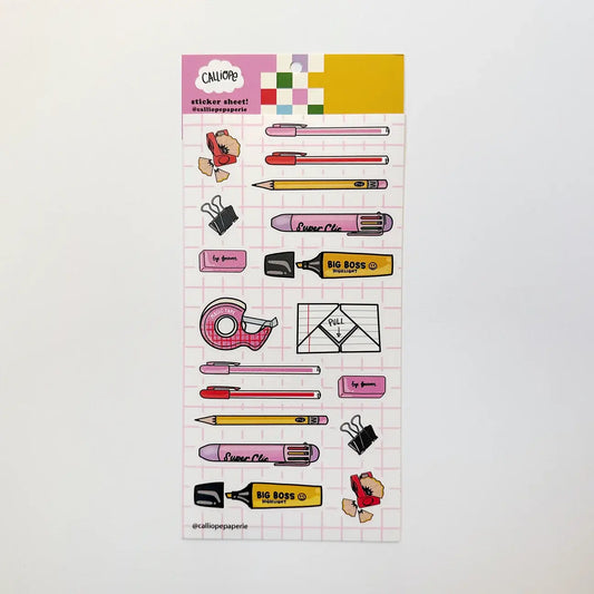 Clear sticker sheet with cute office stationery icons and colorful labels