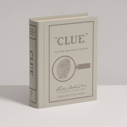Vintage Bookshelf Edition game box with CLUE title and fingerprint-and-key emblem