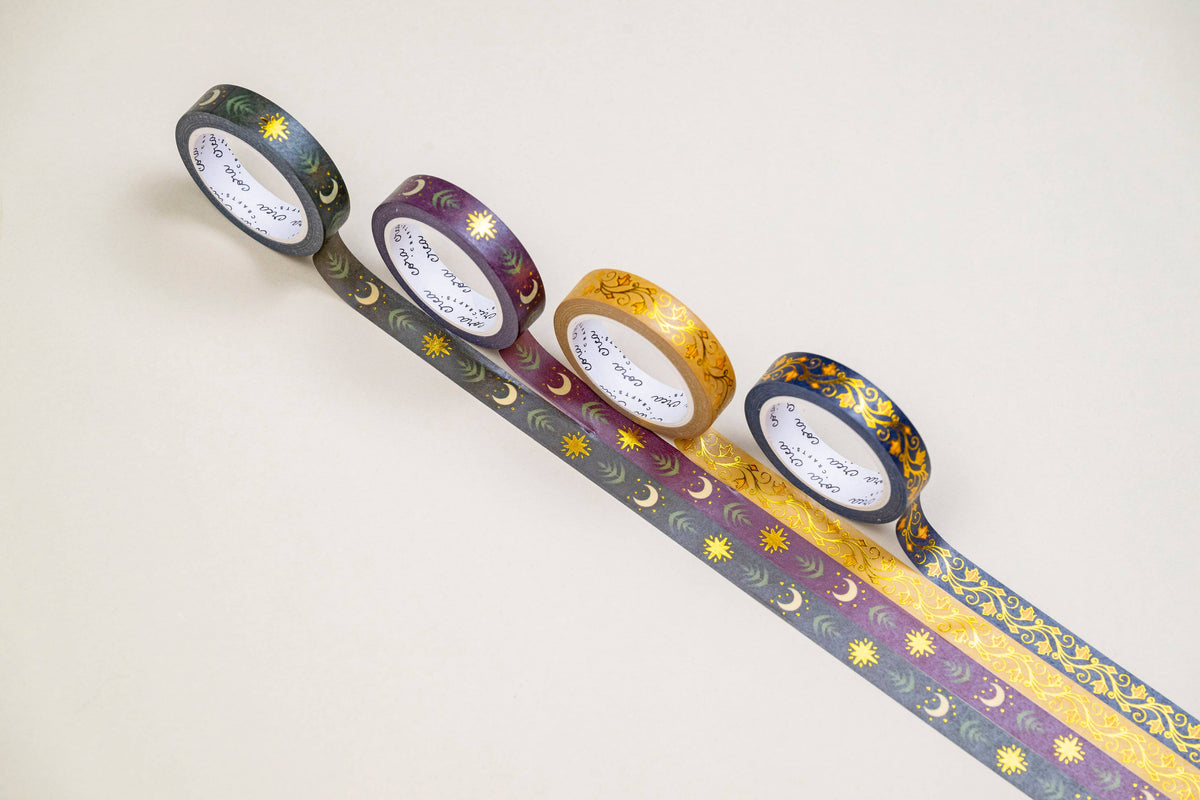 Foiled decorative tape set with four rolls, star and vine motifs
