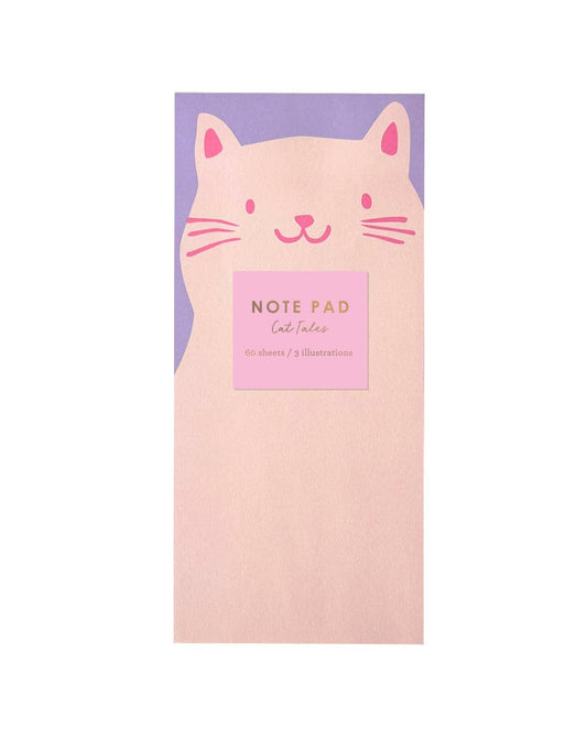 Cat-themed note pad with pink cat face on purple cover, pink label, 60 sheets