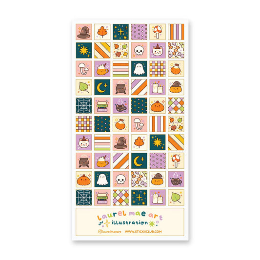 Halloween patchwork sticker sheet with assorted icons like pumpkins, ghosts, bats, and cats.