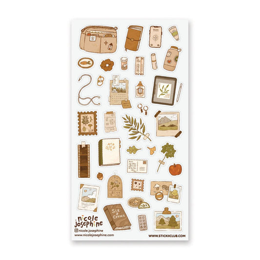 Sticker sheet with assorted vintage-style brown and beige labels, tags, and icons
