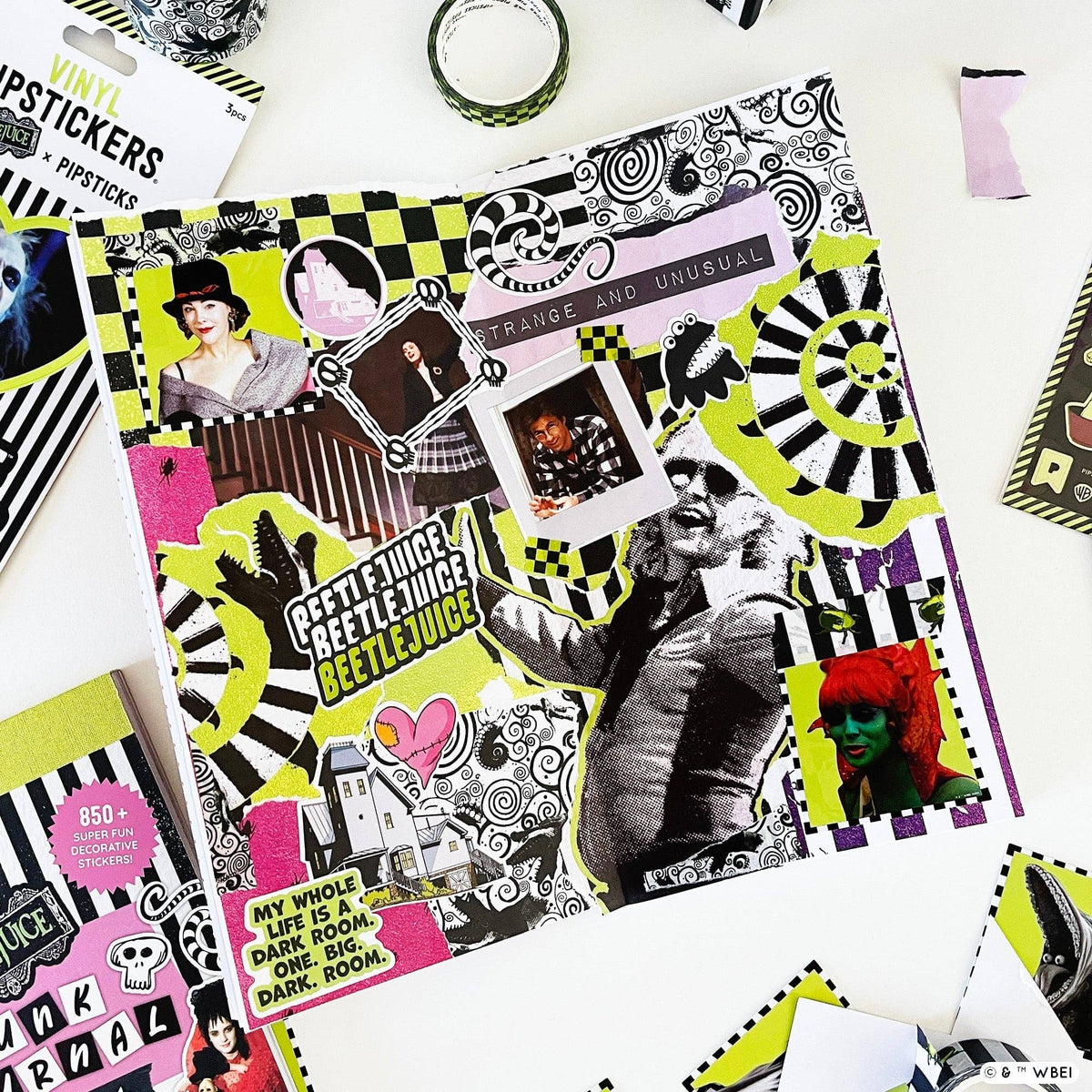 Assorted collage stickers with characters, text, and checkered graphics on sticker sheet
