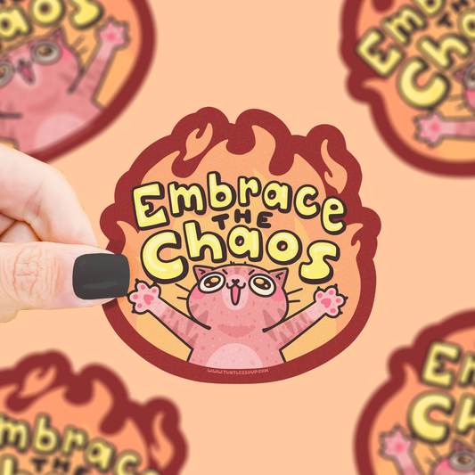 Funny Embrace the Chaos Destructive Cat Meme Vinyl Sticker