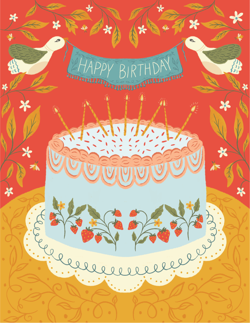 Illustrated birthday card design featuring a strawberry cake, candles, birds, and a birthday banner