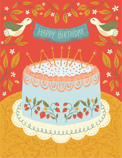 Illustrated birthday card design featuring a strawberry cake, candles, birds, and a birthday banner