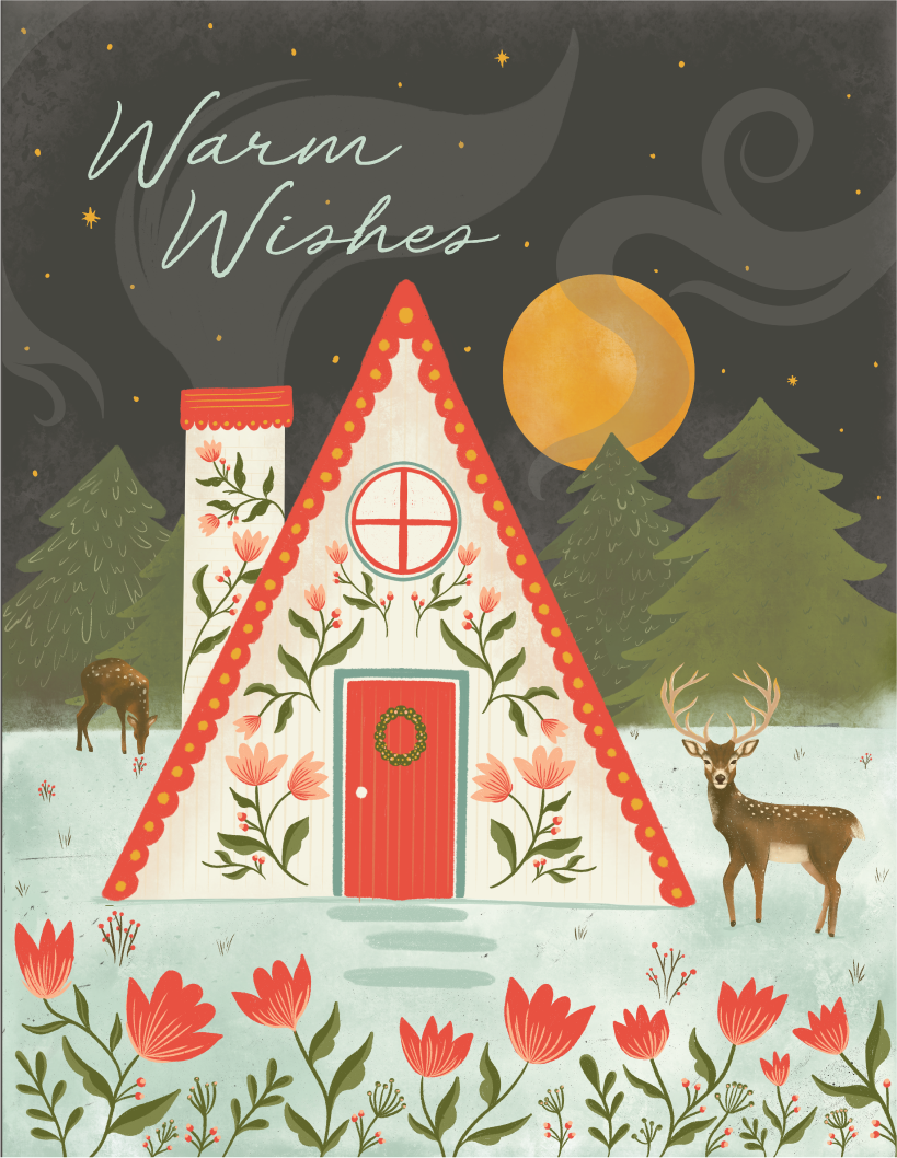 Christmas greeting card featuring a floral cabin, deer, pine trees, and Warm Wishes lettering