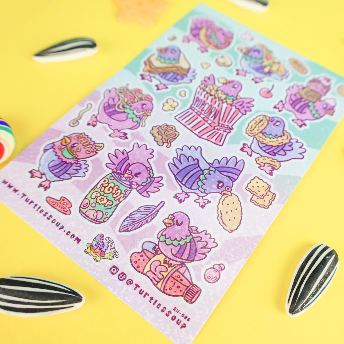 Sticker sheet with colorful purple birds, popcorn and chips icons on a full sheet