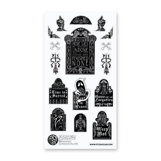 Black-and-white graveyard sticker sheet with tomb, skull, and banner designs