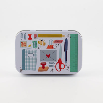 Stationery trinket tin with pastel illustrated stationery icons and scissors, hearts
