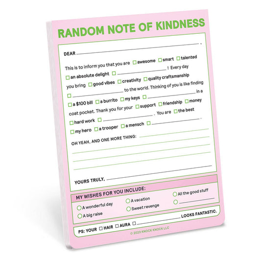 Kindness themed note pad with lined checklist form, green title, and checkbox icons