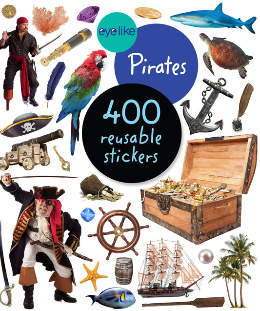 Pirate reusable sticker set, 400-piece assortment with ships, sharks, and treasure items