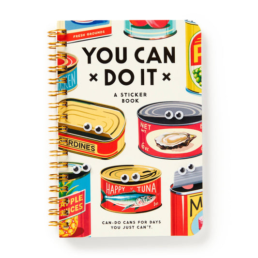 Sticker book with colorful can-themed cover and gold spiral binding