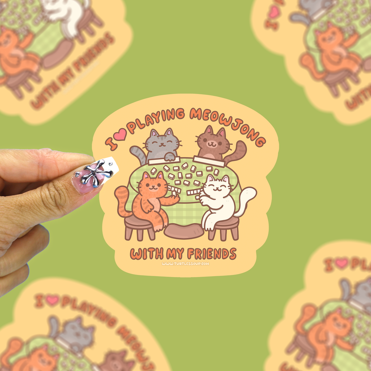 Round cat mahjong vinyl sticker with “Meowjong friends” text and playing tiles