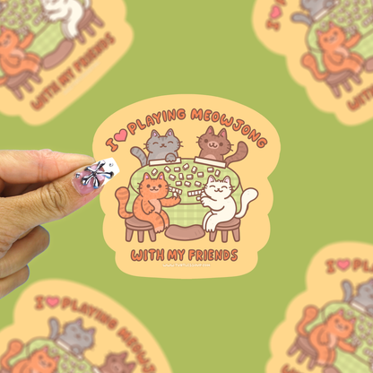 Round cat mahjong vinyl sticker with “Meowjong friends” text and playing tiles