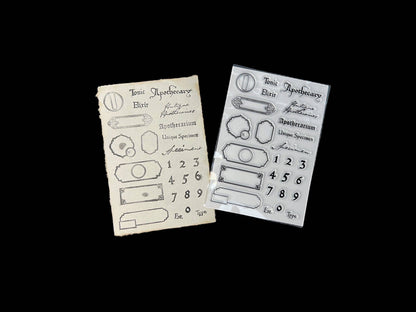 Apothecary label clear stamp set with potion, vial, and label outline shapes