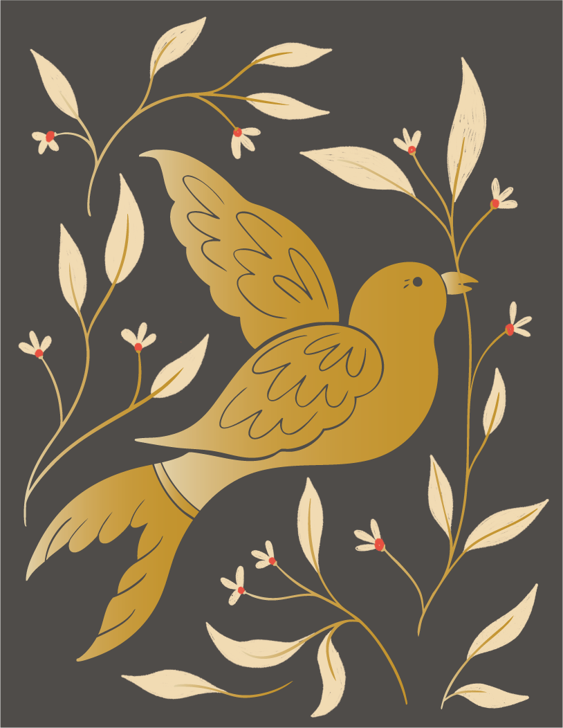 Greeting card design featuring a gold dove surrounded by cream leaves and flowers