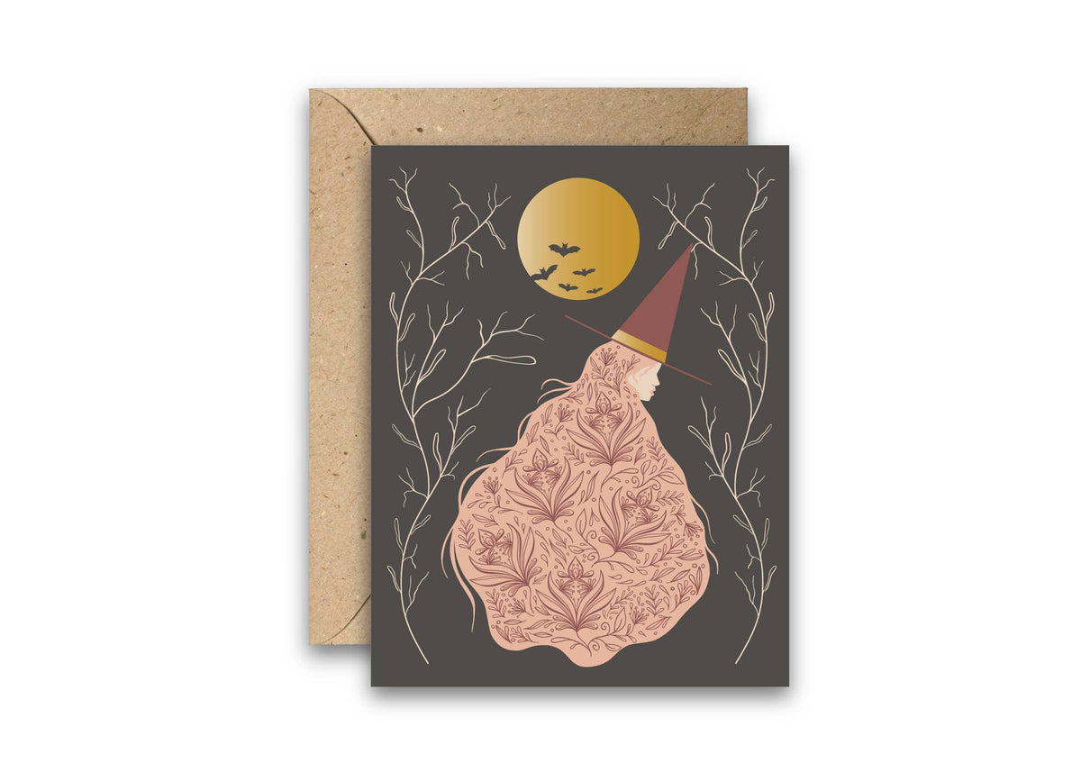 Halloween greeting card with a floral witch, gold moon, bats and kraft envelope