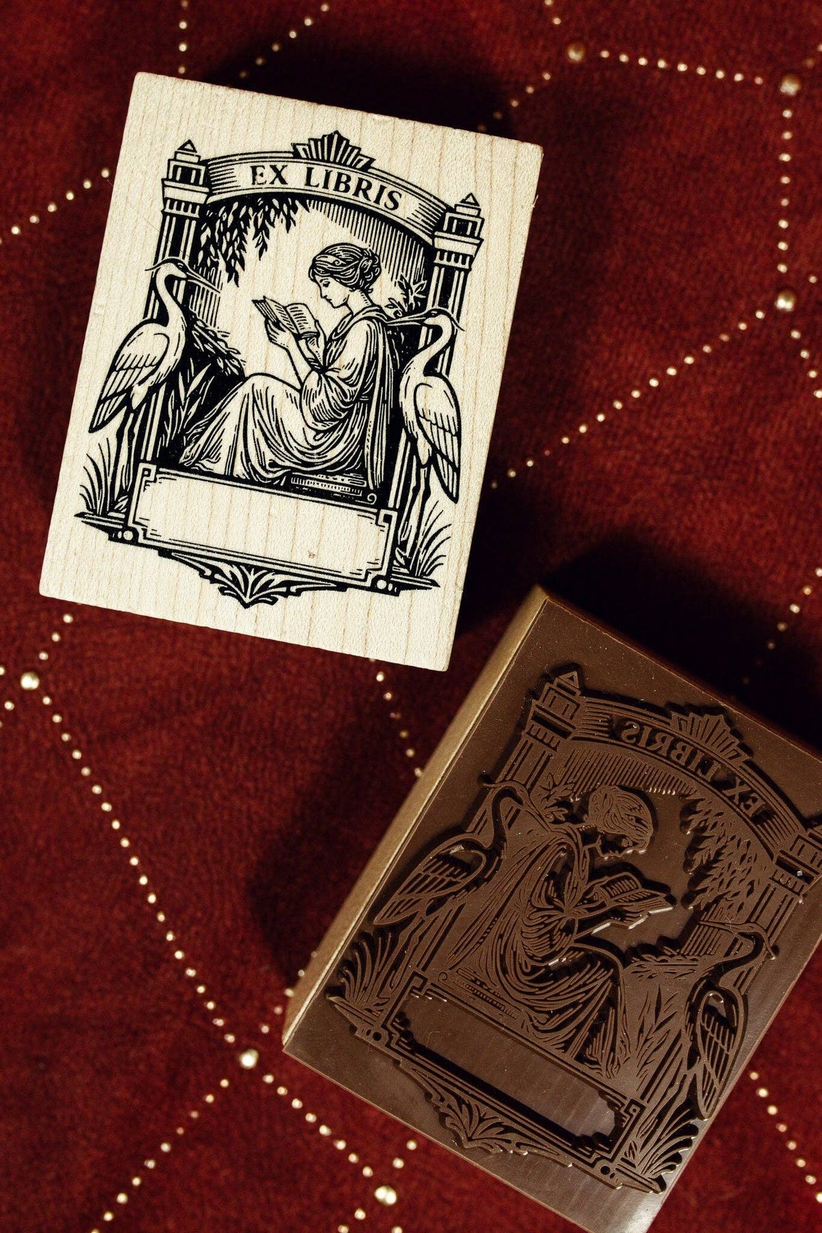 Art Deco wooden Ex Libris stamp block with bird-and-figure design