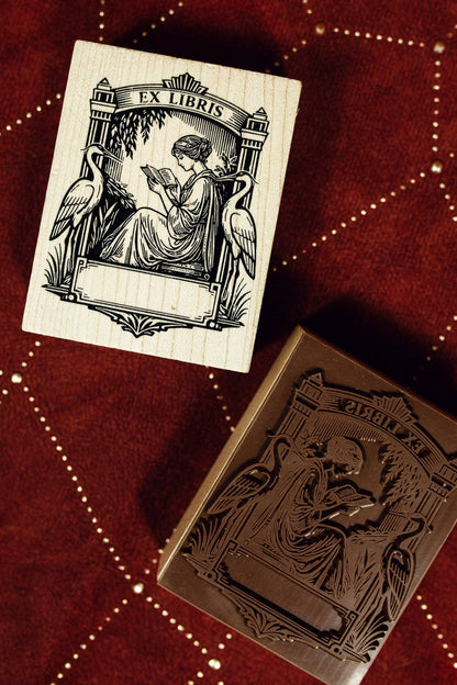 Art Deco wooden Ex Libris stamp block with bird-and-figure design