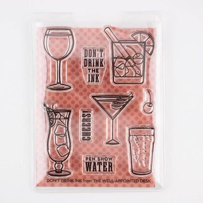 Clear stamp set with 9 drink-themed designs, in a 3x4 storage case