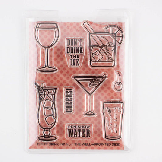 Clear stamp set with 9 drink-themed designs, in a 3x4 storage case