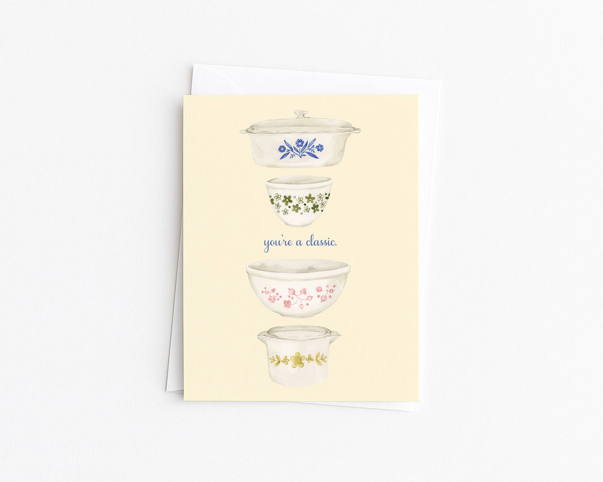Greeting card with three illustrated glass bowls and "You're a classic" message