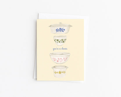 Greeting card with three illustrated glass bowls and "You're a classic" message