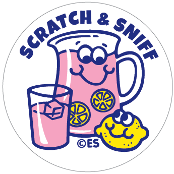 Round scratch-and-sniff sticker with Pink Lemonade cup and lemon graphic