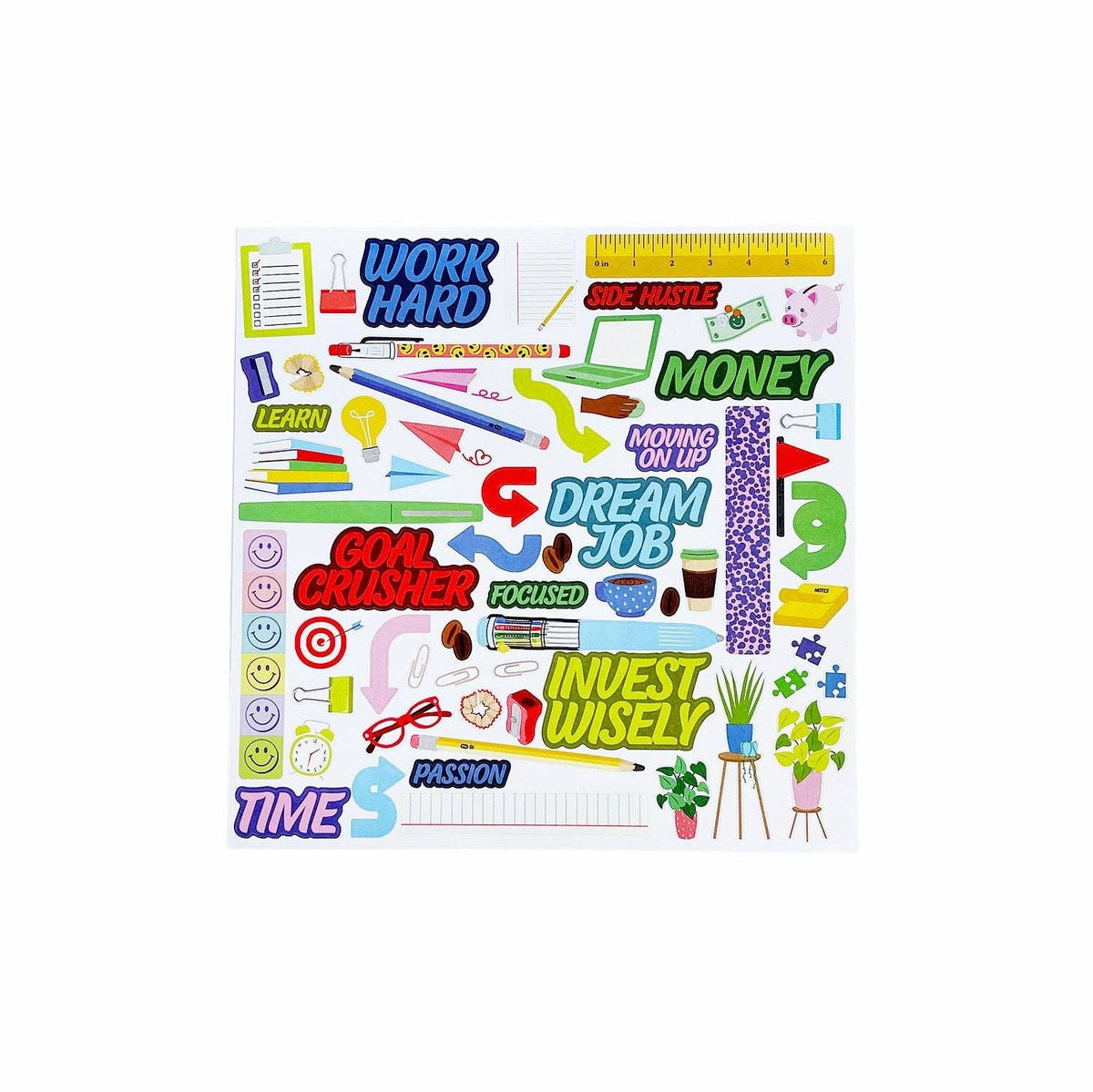 White vision board sticker sheet with work and money themed icons