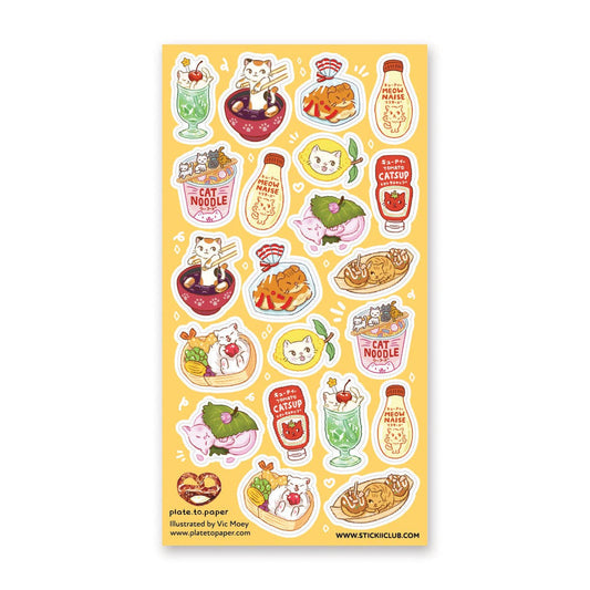 Yellow sticker sheet with cartoon cat food icons and drink labels