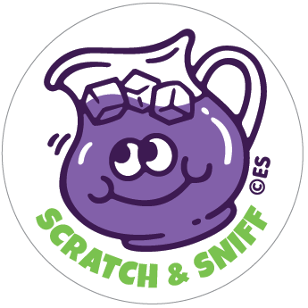 Circular scratch-and-sniff sticker with purple grape drink character face
