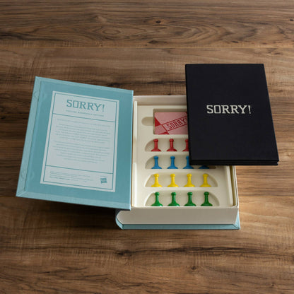 Sorry! vintage bookshelf edition open box with instruction sheet and colored playing pieces