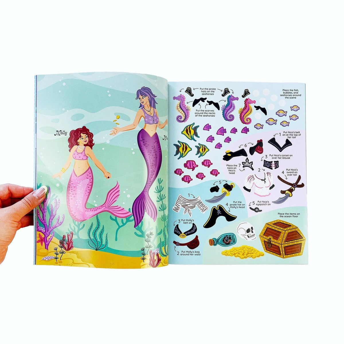 Mermaid-themed dress-up sticker book open to pages with princesses and sticker icons