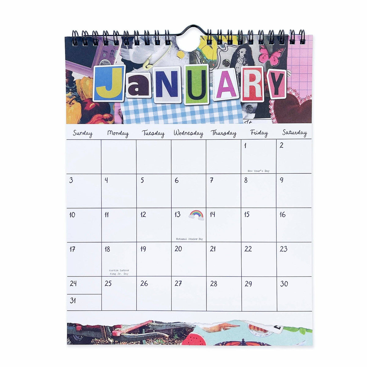 January wall calendar page with spiral binding and large “JANUARY” header above the date grid.