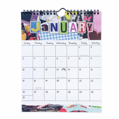 January wall calendar page with spiral binding and large “JANUARY” header above the date grid.