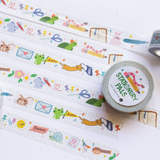 Stationery pals washi tape roll, 15mm wide, colorful animal and school theme pattern