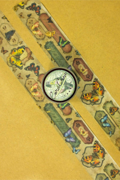 Butterfly washi tape strip on a roll, featuring colorful butterfly and bug frames