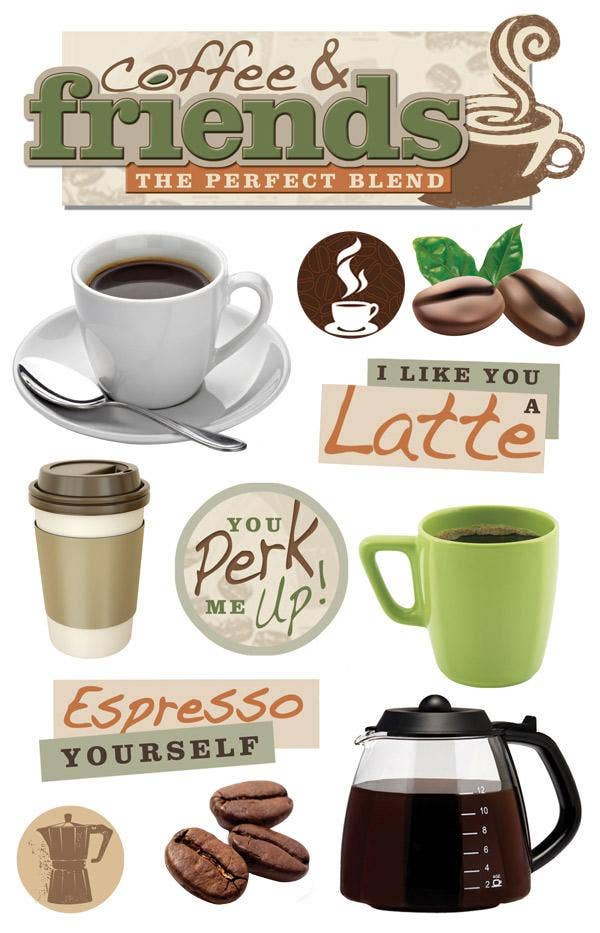 Coffee themed dimensional sticker sheet with mugs, beans, and espresso text